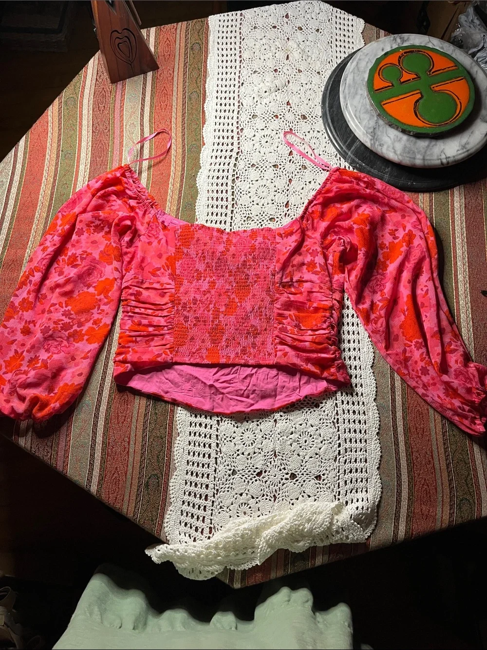 Free People Pink Org. combo Floral Puff-Sleeve Crop Top L-S OB1618481 brand/styl